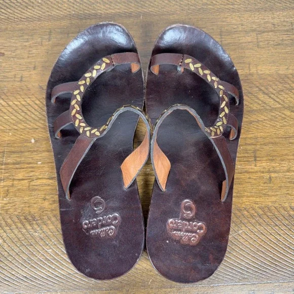 Calleen Cordero Sandals Womens 8 Brown Leather Gold Leaf Embroidered Boho Flat - Picture 5 of 8